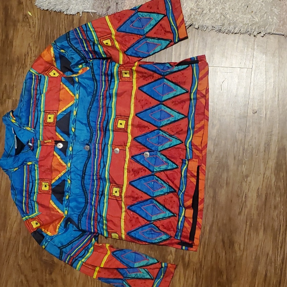 Vintage Chico's Design Bold Geometric Beaded Silk Vintage Shaket Sz 2